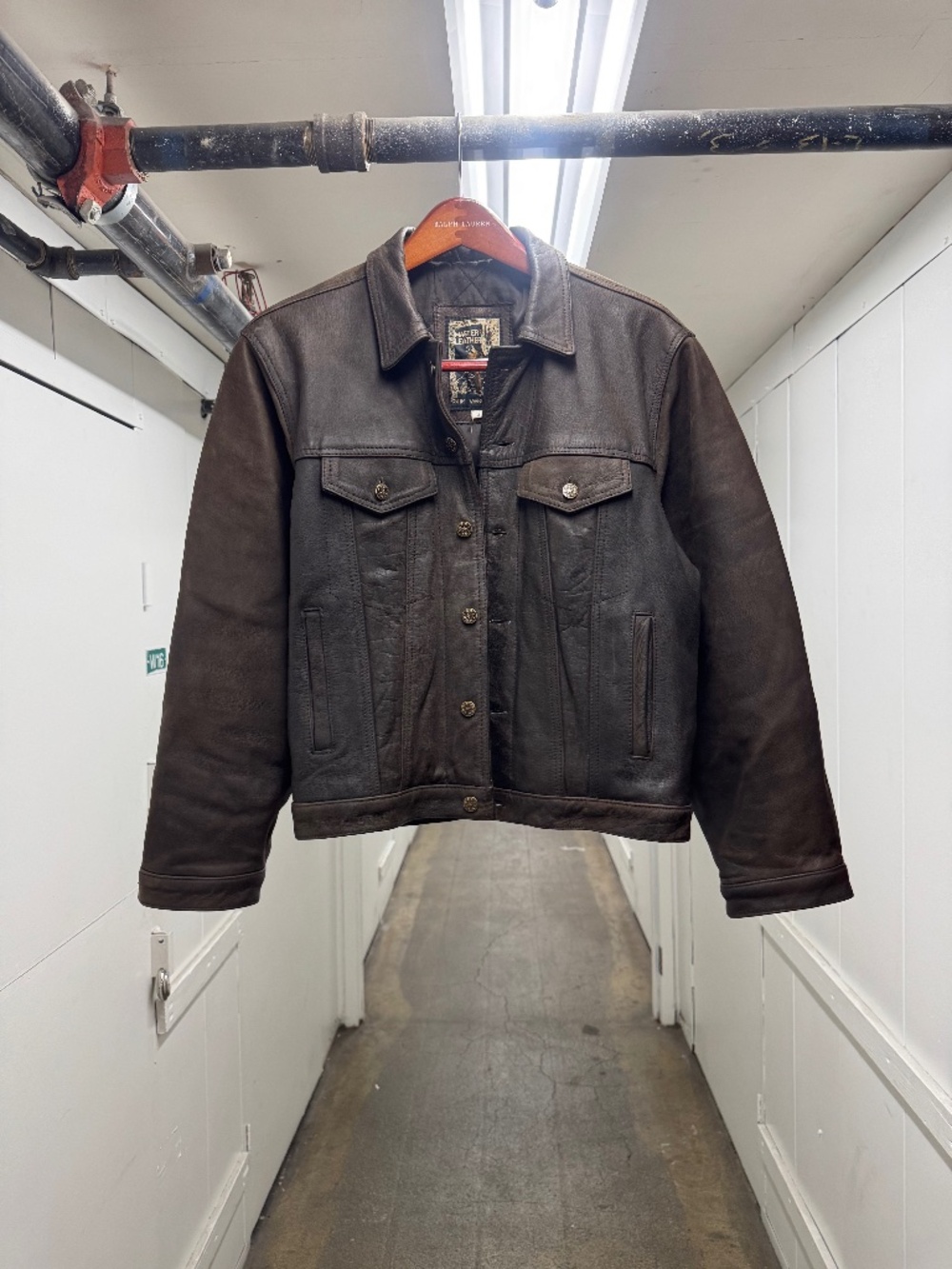 Vintage Heavy Thick Hide Warm Brown Leather Trucker Jacket